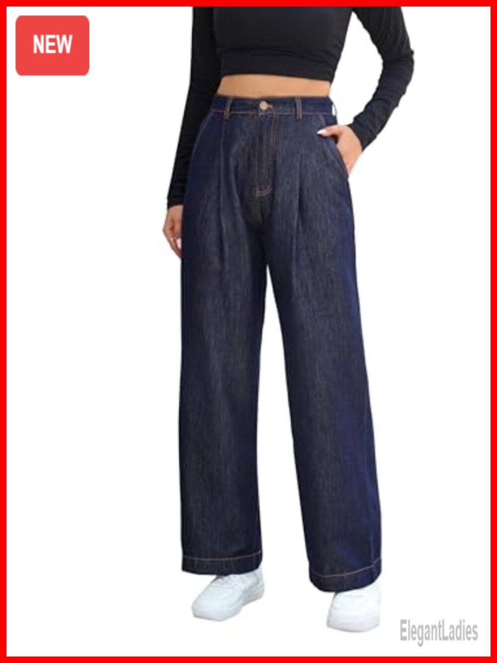 High Waisted Wide Leg Jeans Cotton Tencel Blend Elastic Back Pleated Front